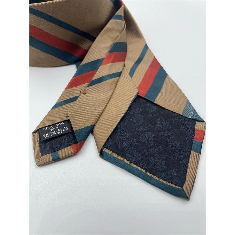 Gianni Versace Tie Men's 100% Silk Gold Brown W Red Blue Stripes Made in Italy